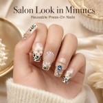 Leopard French 3D White Flower Press‑On Nails, Nude Base Medium‑Long T‑Shape False Nails with Blue Gem & Gold Beads